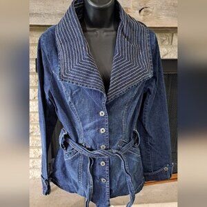 Y2K Zenim Denim Women's Jean Jacket  Med Large Collar Belt Pockets Festival